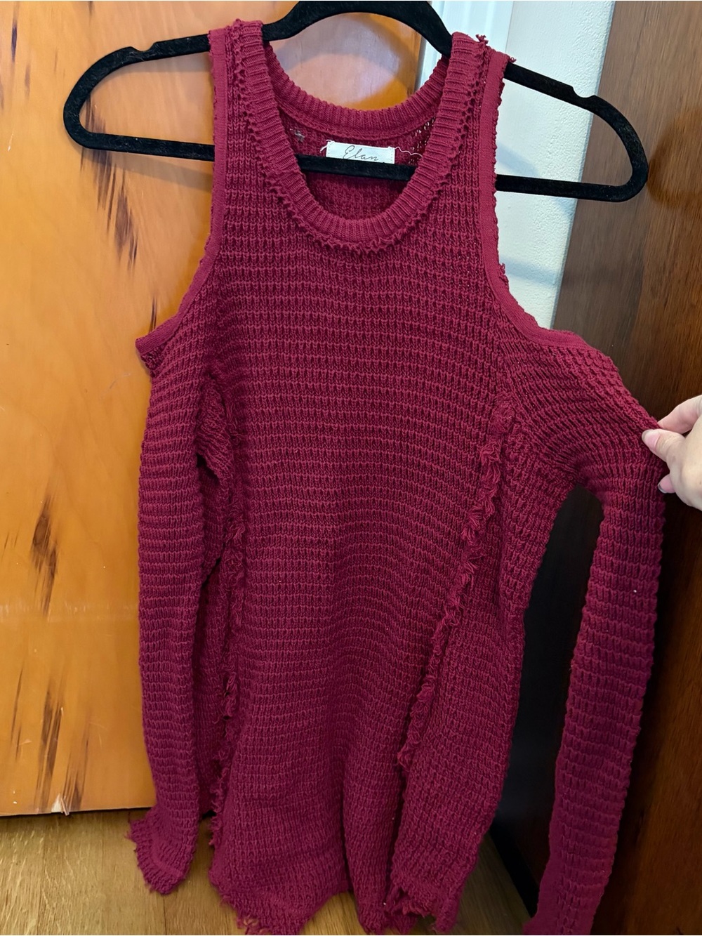 Elan Wine Red Off-the-Shoulder Waffle Knit Sweater
